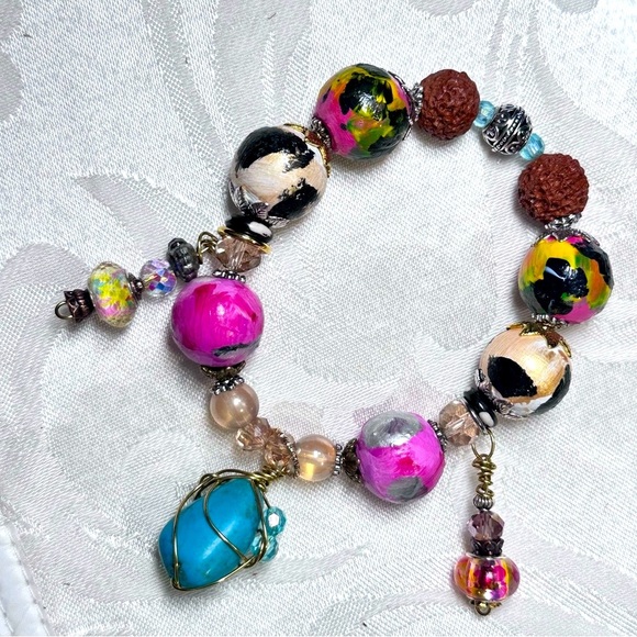 Handmade one-of-a-kind hand painted bracelet with charms howlite tribal boho - Picture 1 of 11